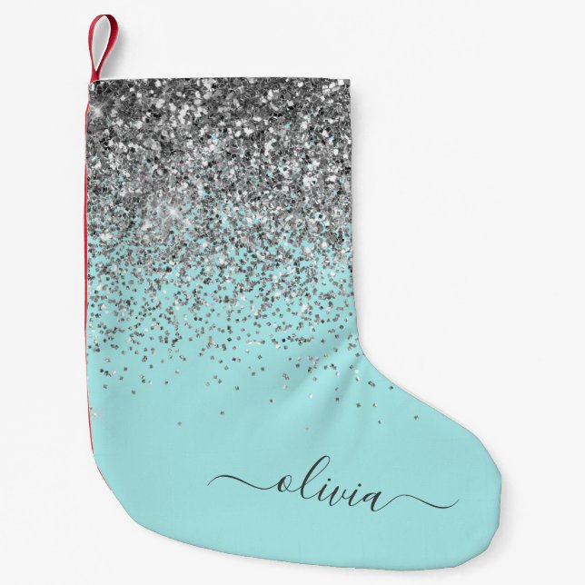 Silver Aqua Teal Blue Girly Glitter Monogram Liten Julstrumpa (Framsidan)