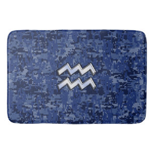 Silver Aquarius Zodiac Sign Navy Blue Digital Camo Badrumsmatta