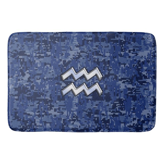 Silver Aquarius Zodiac Sign Navy Blue Digital Camo Badrumsmatta (Framsidan)