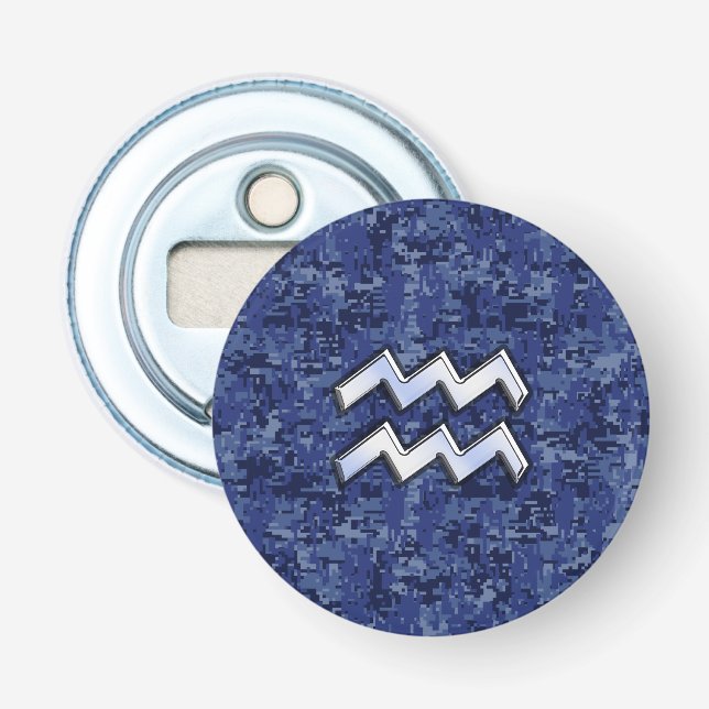 Silver Aquarius Zodiac Sign Navy Blue Digital Camo Flasköppnare (Framsidan)