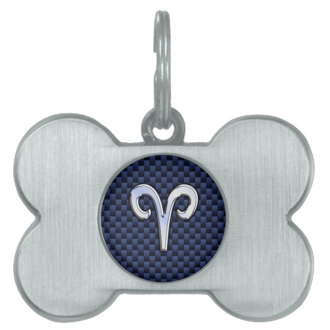 Silver Aries Zodiac Sign Navy Carbon Fiber Stil ID-bricka Husdjur (Framsidan)