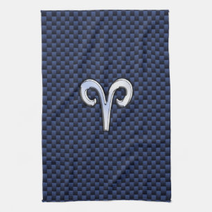 Silver Aries Zodiac Sign Navy Carbon Fiber Stil Kökshandduk