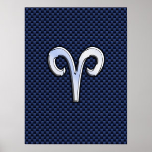 Silver Aries Zodiac Sign Navy Carbon Fiber Stil Poster