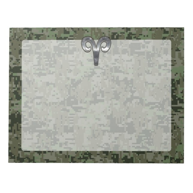 Silver Aries Zodiac Symbol Grönt Digital Camo Anteckningsblock (Framsida)