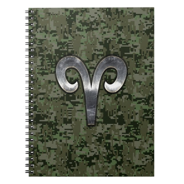 Silver Aries Zodiac Symbol Grönt Digital Camo Anteckningsbok Med Spiral (Framsidan)
