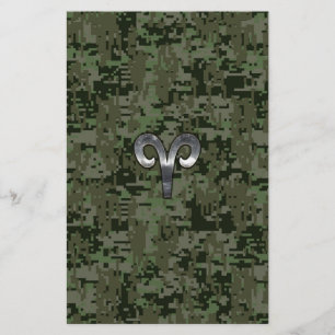 Silver Aries Zodiac Symbol Grönt Digital Camo Brevpapper