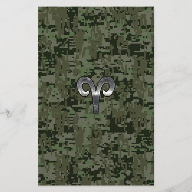 Silver Aries Zodiac Symbol Grönt Digital Camo Brevpapper (Framsida)