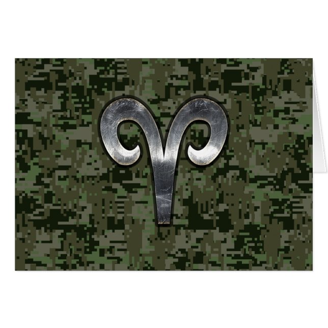 Silver Aries Zodiac Symbol Grönt Digital Camo Hälsningskort (Framsidan Horizontal)