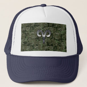 Silver Aries Zodiac Symbol Grönt Digital Camo Keps