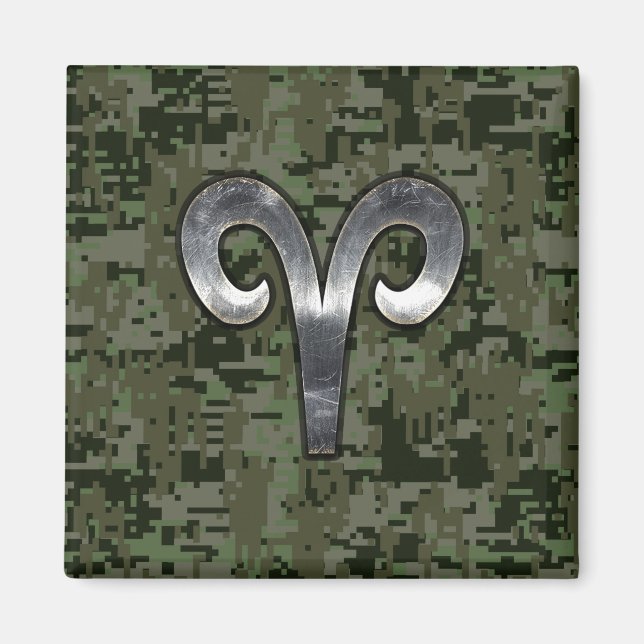 Silver Aries Zodiac Symbol Grönt Digital Camo Magnet (Framsidan)