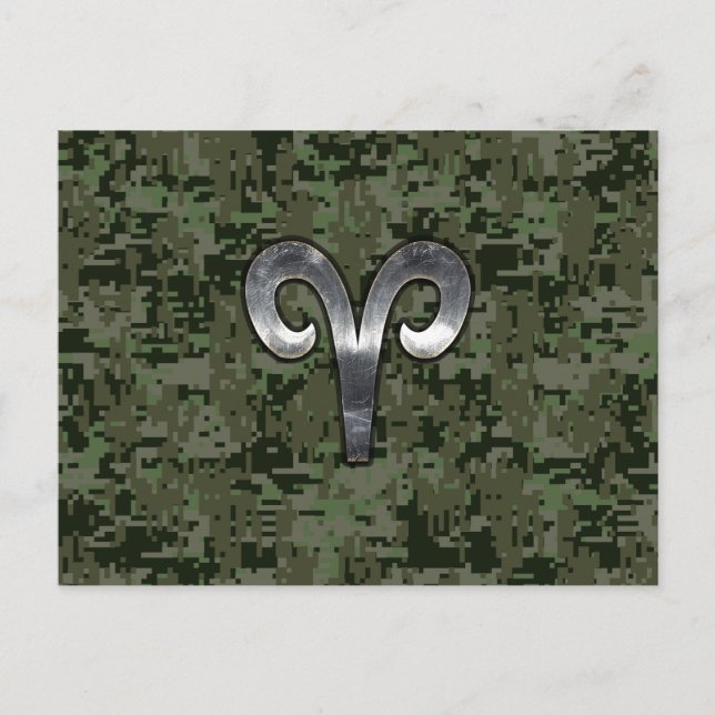 Silver Aries Zodiac Symbol Grönt Digital Camo Vykort (Framsida)