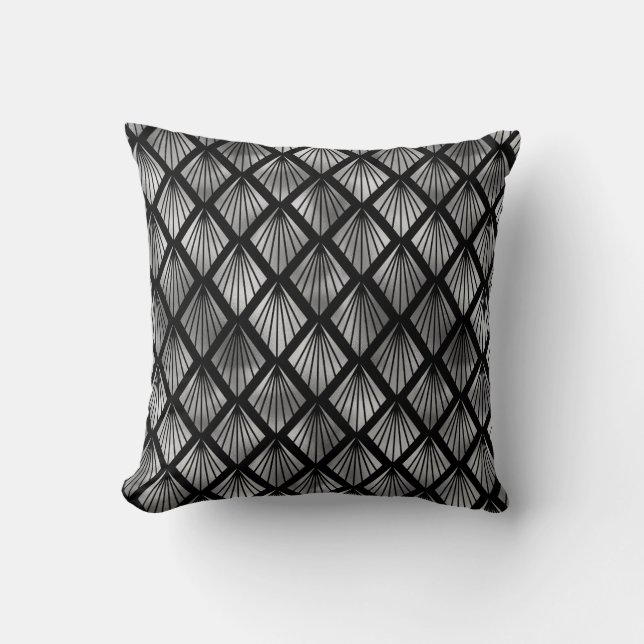 Silver Art Deco Fläkt på Black Kudde (Framsida)