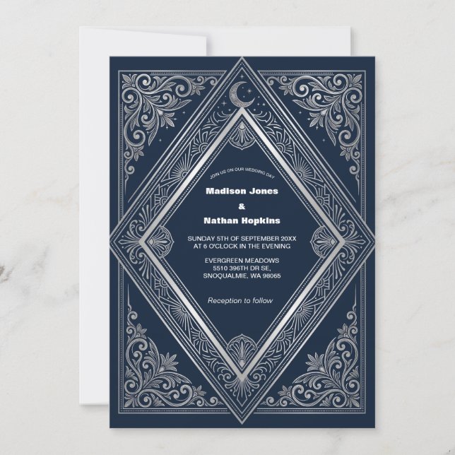 Silver Art Deco Navy Gothi Bröllopsinbjudan Inbjudningar (Framsida)