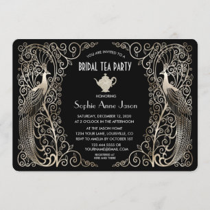 Silver Art Deco Peacocks Möhippa Tea Party Inbjudningar
