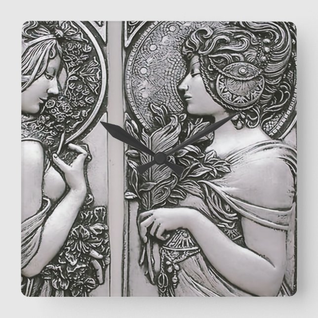Silver,Art nouveau,design, females,Mucha,beautif Fyrkantig Klocka (Framsida)