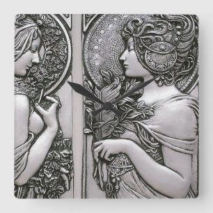 Silver,Art nouveau,design, females,Mucha,beautif Fyrkantig Klocka