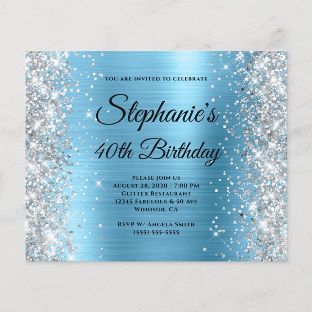 Silver Baby Blue Glam Monogram 40-årsfirande Flygblad (Framsidan)