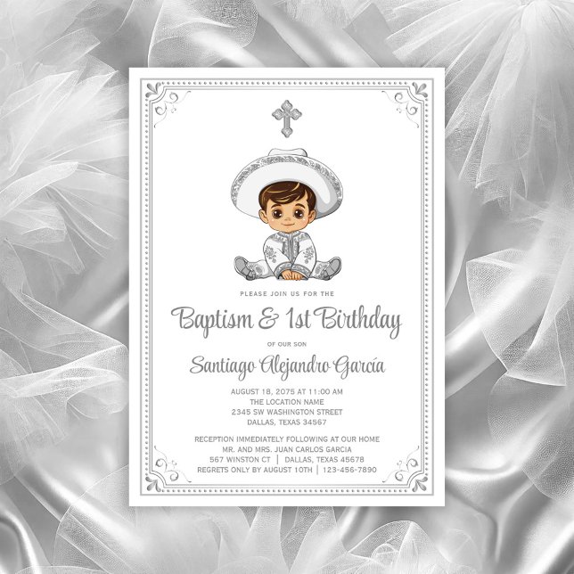 Silver Baby Charro Dopning & Födelsedagsinbjudan Inbjudningar (Baby charro invitation, you can change all text, move/remove baby, move/remove cross as needed.)