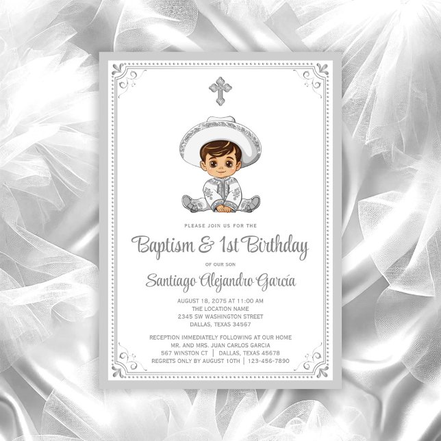 Silver Baby Charro Dopning & Födelsedagsinbjudan Inbjudningar (Charro baby baptism invitation. All text can be changed, move/remove baby and cross as needed.)
