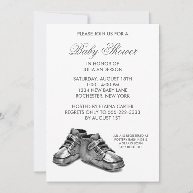Silver Baby Shoes Baby Shower Inbjudan (Framsida)