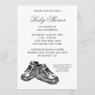 Silver Baby Shoes Baby Shower Inbjudan