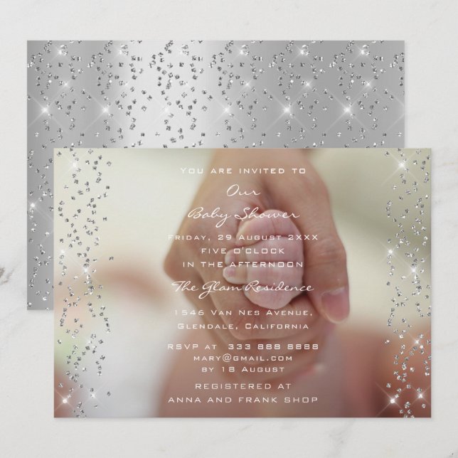 Silver Baby Shower Boy Girl Photo Confetti Inbjudningar (Fram/baksida)