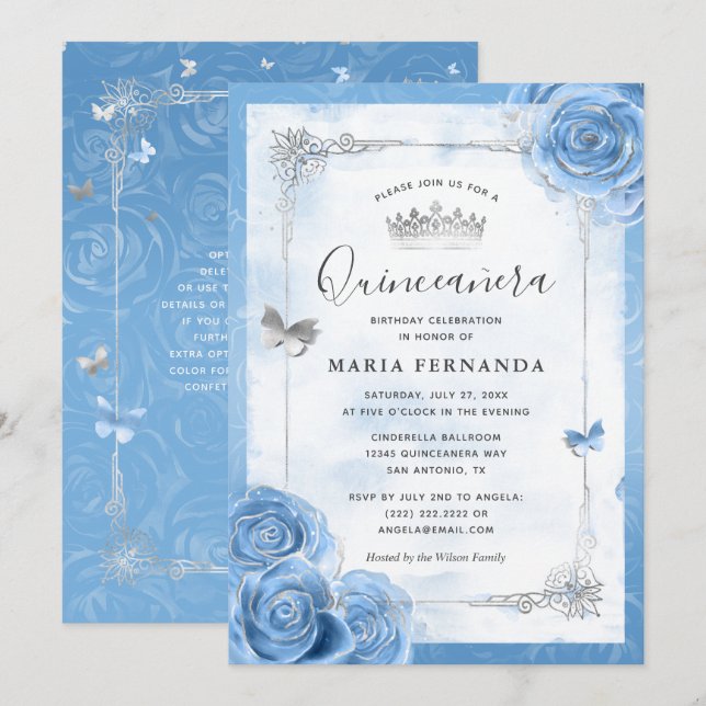 Silver Bahama Blue Ro Elegant Quinceanera Inbjudningar (Fram/baksida)