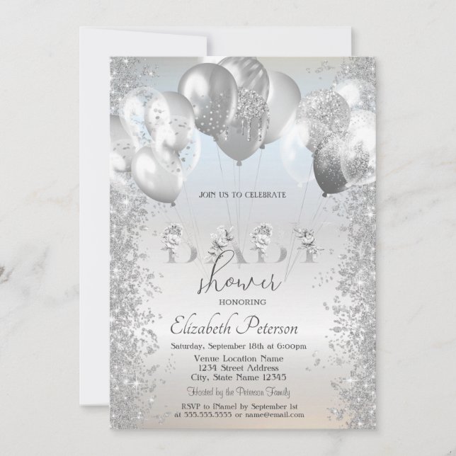 Silver ballonger glitterkonfetti Baby Shower Inbjudningar (Framsida)