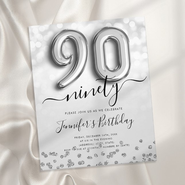 Silver Balloon Glitter 90:e Födelsedagsfesten Inbj Flygblad (Skapare uppladdad)
