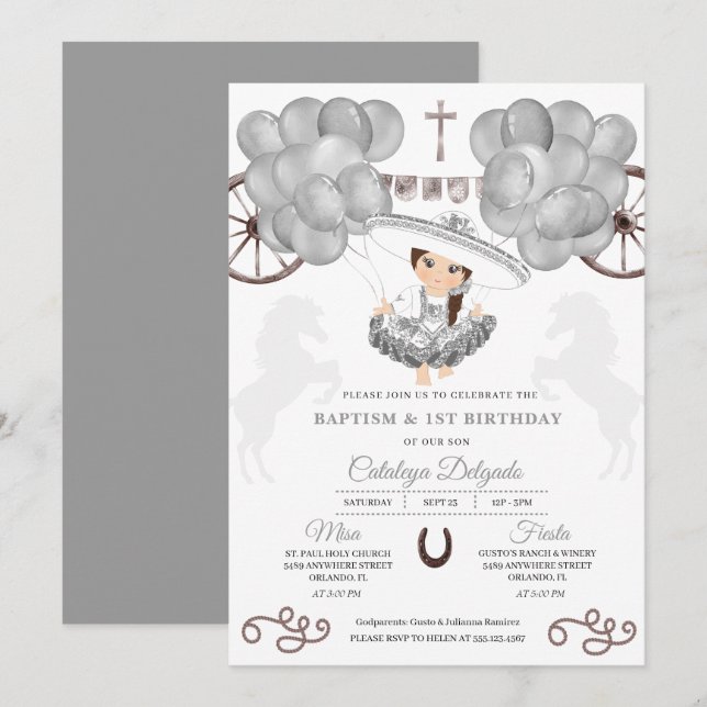 Silver Balloons Mexican Baby Charra Bautizo Inbjudningar (Fram/baksida)