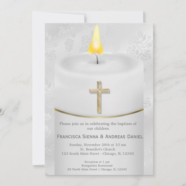 Silver Baptism Candle Inbjudningar (Framsida)