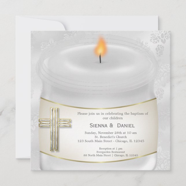 Silver Baptism Candle Inbjudningar (Framsida)