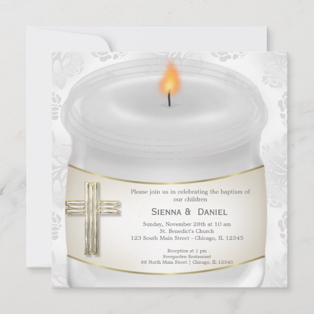 Silver Baptism Candle Inbjudningar (Framsida)