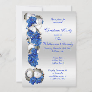 Silver Baubles & Blue Poinsettia jul Party Inbjudningar