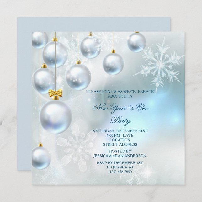 Silver Baubles & Snöflingor nyår Kväll Party Inbjudningar (Fram/baksida)