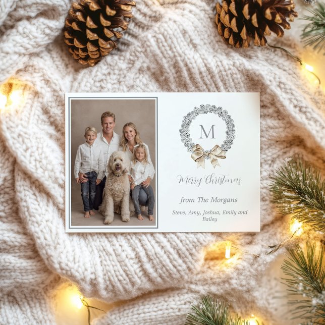 Silver Bells Wreath Monogram Photo  Julkort (Silver Bells Wreath Photo Holiday Card)