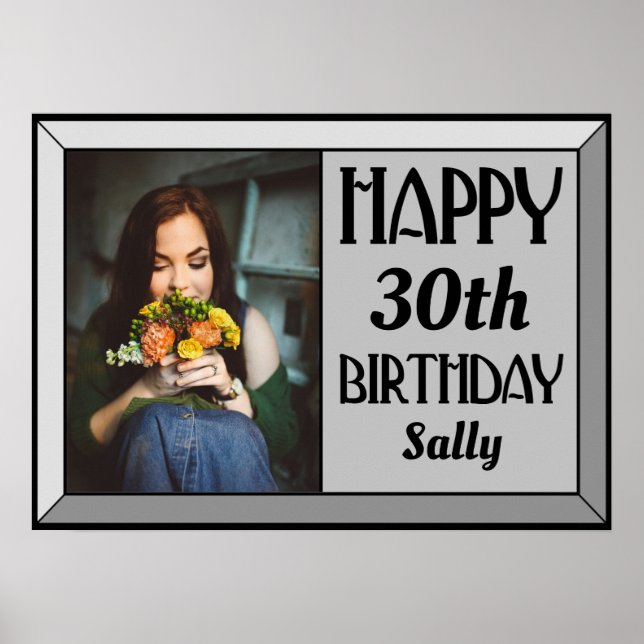 Silver Beveled Art Deco Birthday Photo Poster (Framsidan)