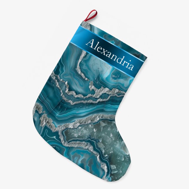 Silver Blå Aqua Glam Glitz Jul Namn Stor Julstrumpa (Framsidan (Hängande))