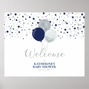 Silver & Blå Ballonger Modern Bebis firande Välkom Poster