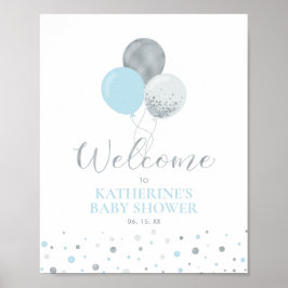 Silver & Blå Ballonger | Pojk Babyshower Välkomsts Poster