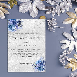 Silver blå blommigt elegant bröllop inbjudningar