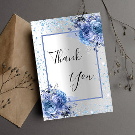 Silver blå blommigt glitter elegant glamoral tack kort