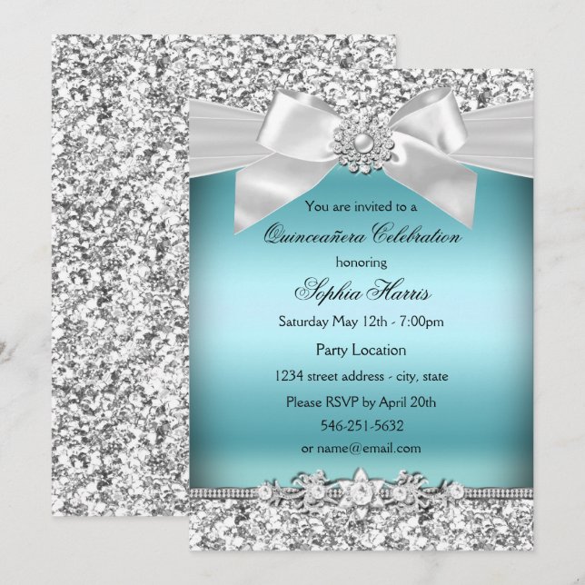 Silver Blå Glitter Jewel Båge Quinceanera Inbjudningar (Fram/baksida)