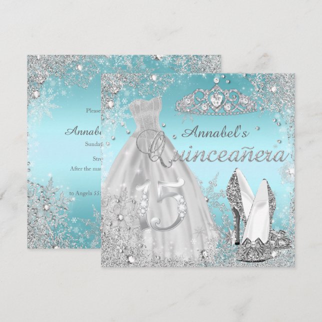 Silver & Blå Glitter Klänning & Tiara Quinceanera Inbjudningar (Fram/baksida)