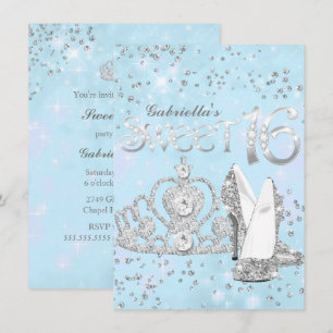 Silver Blå Glitter Tiara & Klackar Sweet 16 Inbjud Inbjudningar
