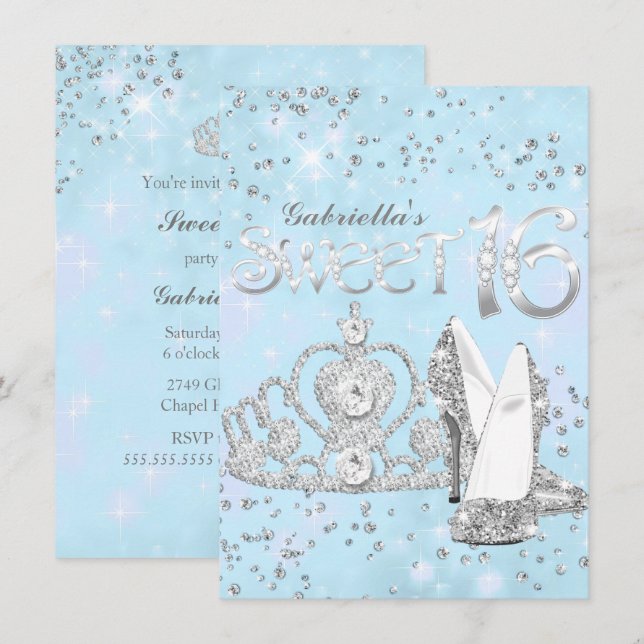 Silver Blå Glitter Tiara & Klackar Sweet 16 Inbjud Inbjudningar (Fram/baksida)