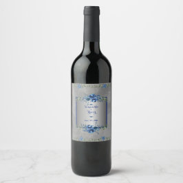 Silver & Blå Metalliska Blommor Vinflaska Etikett