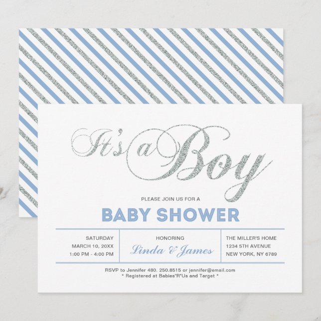 Silver, blå | Modern Typografi Boy Shower Inbjudningar (Fram/baksida)