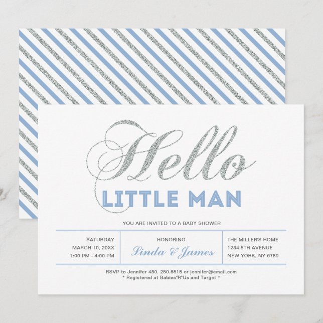Silver, Blå | Modern typografi Pojke Babyshower Inbjudningar (Fram/baksida)
