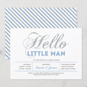 Silver, Blå Modern typografi Pojke Babyshower Inbjudningar